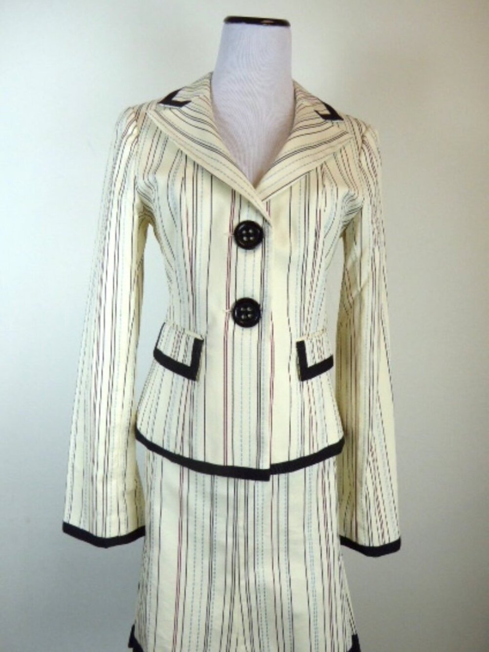 Nanette Lepore 2 piece skirt jacket suit USA cotton cream black 2 vintage